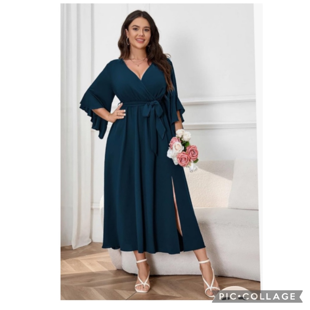 Cicidudu Teal Ruffle Sleeve Wrap Midi Dress Size 1X Wedding Holiday